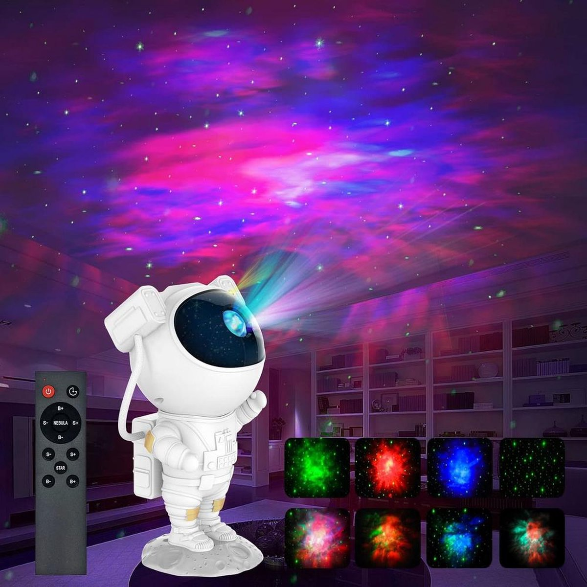 An astronaut night light projects a purple and pink starry sky.