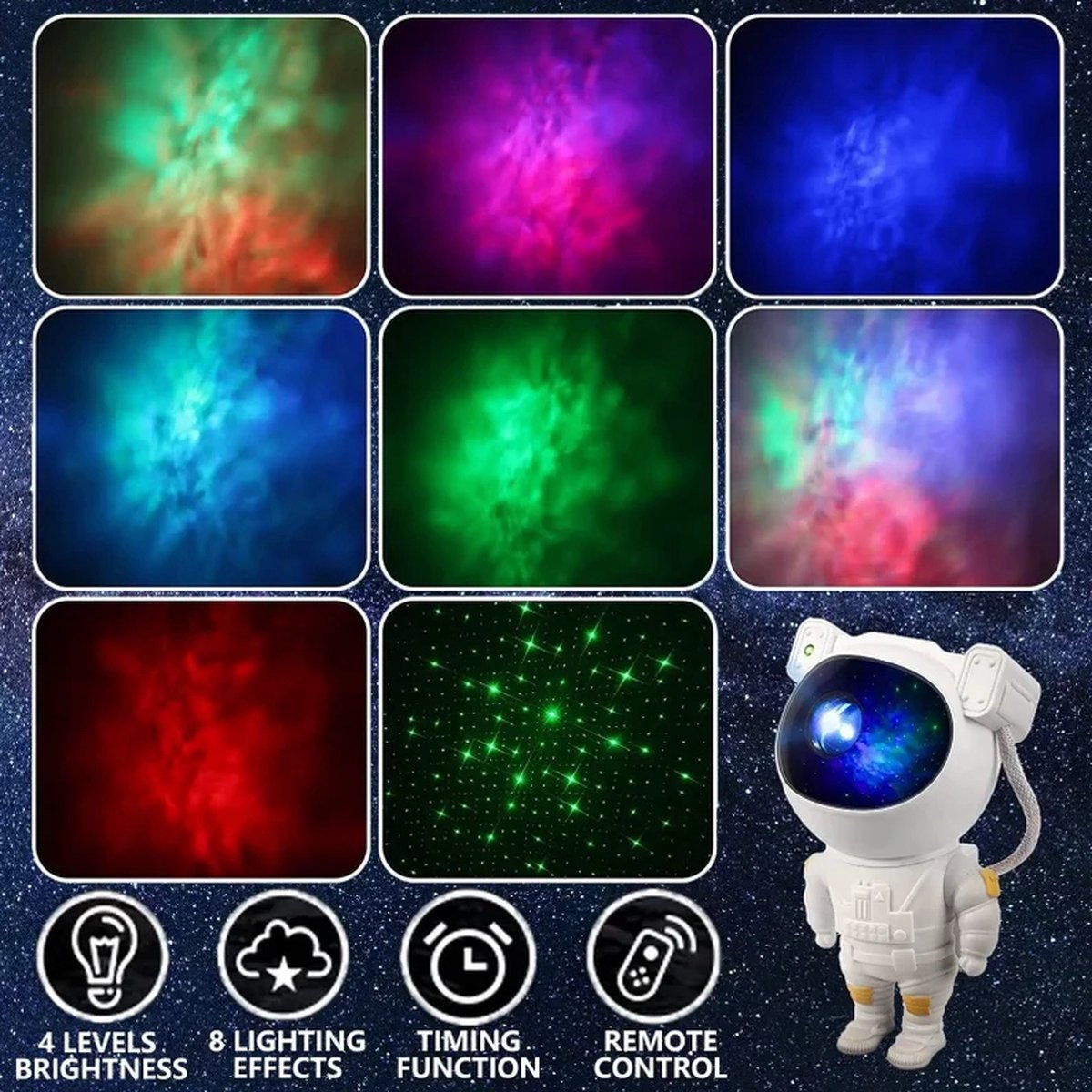 Astronaut projects colorful nebulae and stars. Features: brightness, effects, timer, remote control.