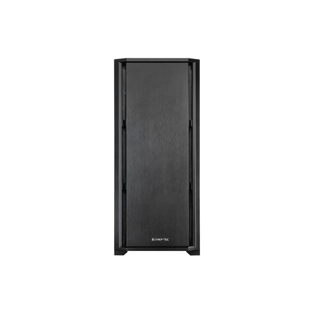 Schwarzes PC-Gehäuse mit gebürsteter Metallfront und Mesh-Seiten.