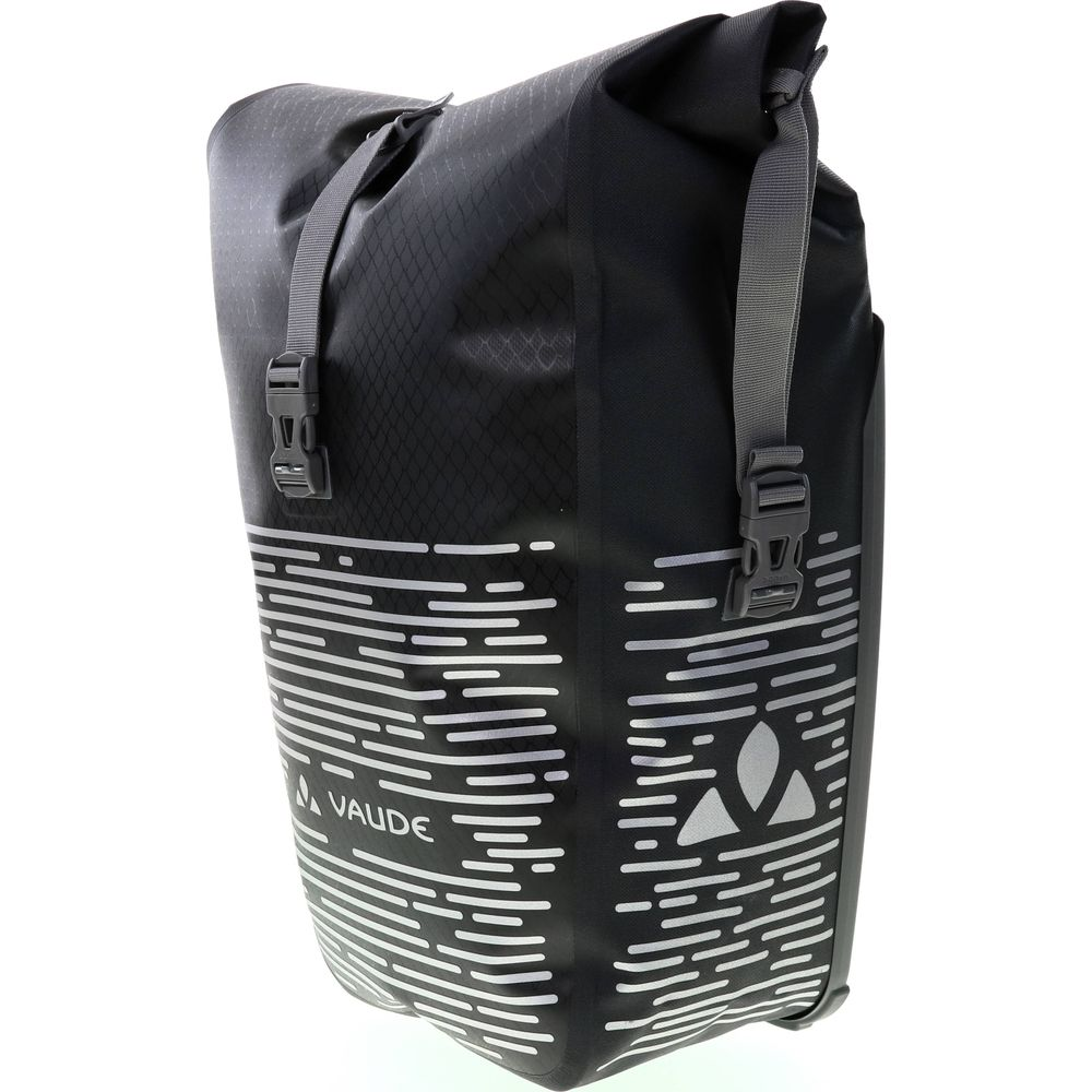 Sacoche de vélo Vaude noire avec rayures réfléchissantes et boucles.