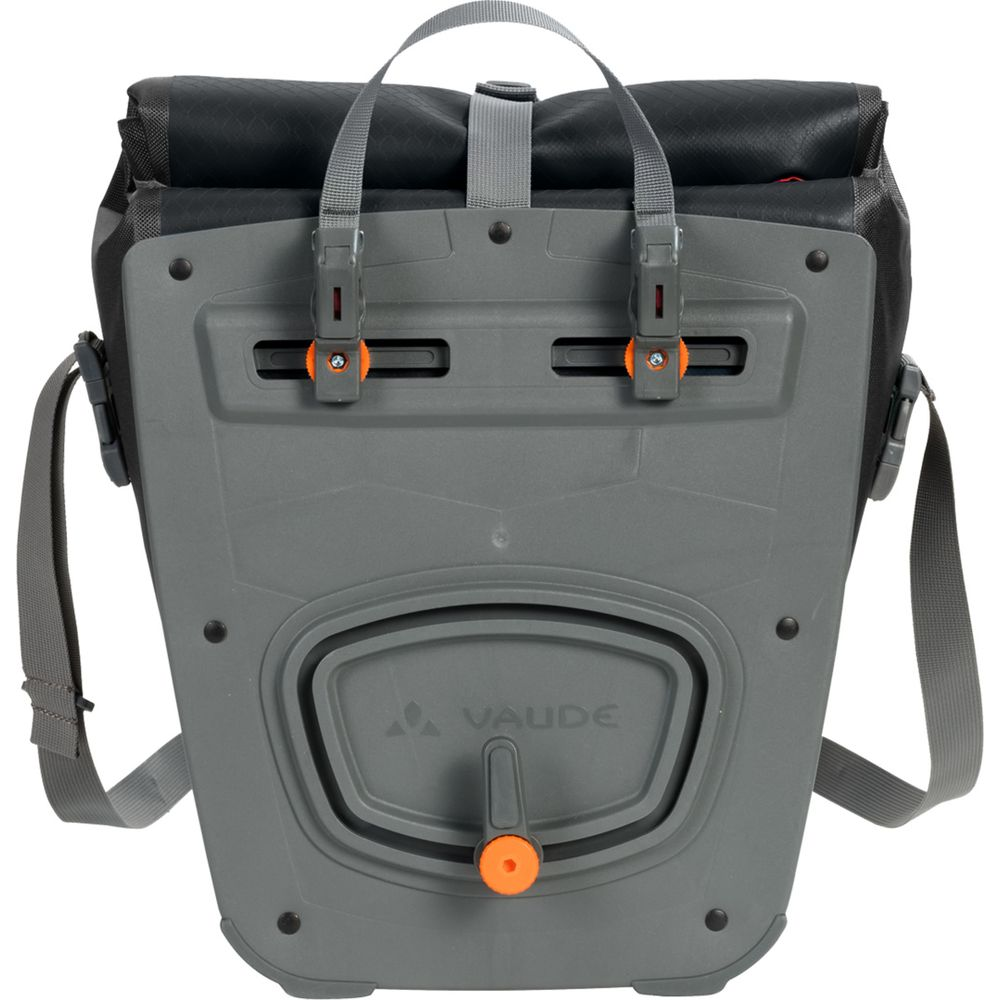 Borsa da bici grigia con parte superiore nera, accenti arancioni e logo Vaude.