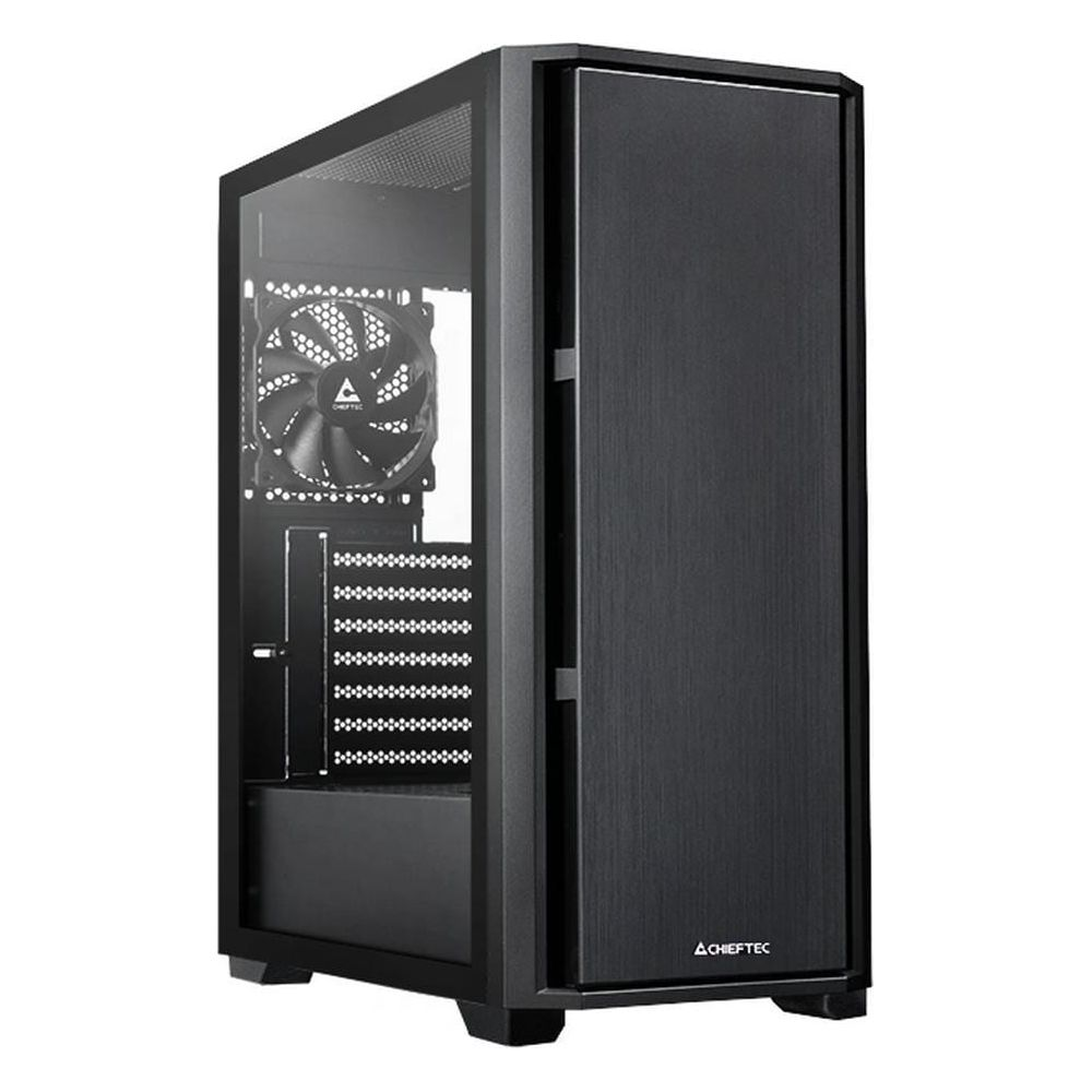Schwarzes PC-Gehäuse mit Glasfenster, Lüfter und gebürsteter Front.