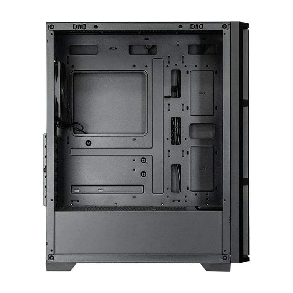 Ein leerer schwarzer Computergehäuse-Innenraum mit Lüfteranschlüssen und Laufwerksschächten.