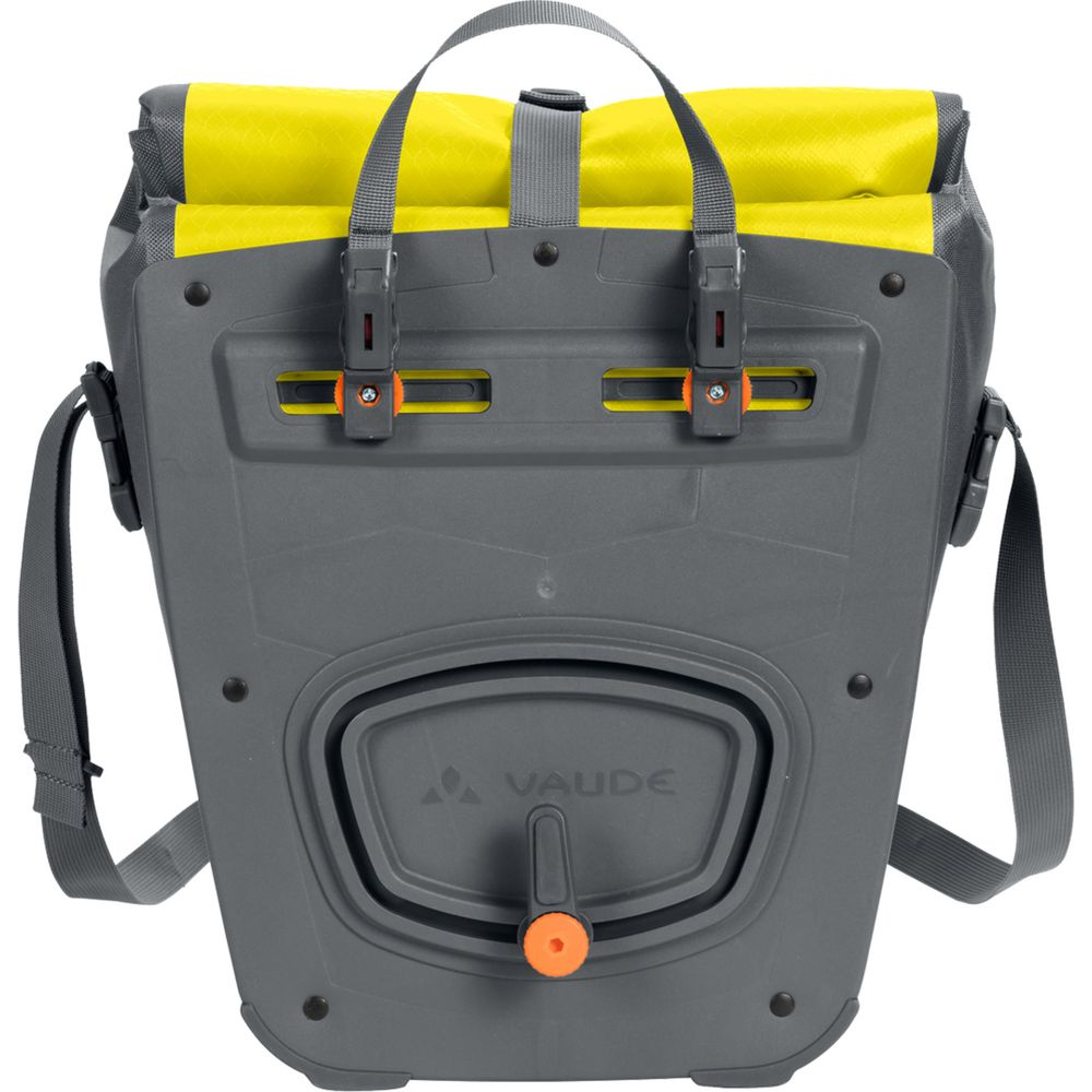 Sac de vélo gris avec dessus jaune et détails orange.