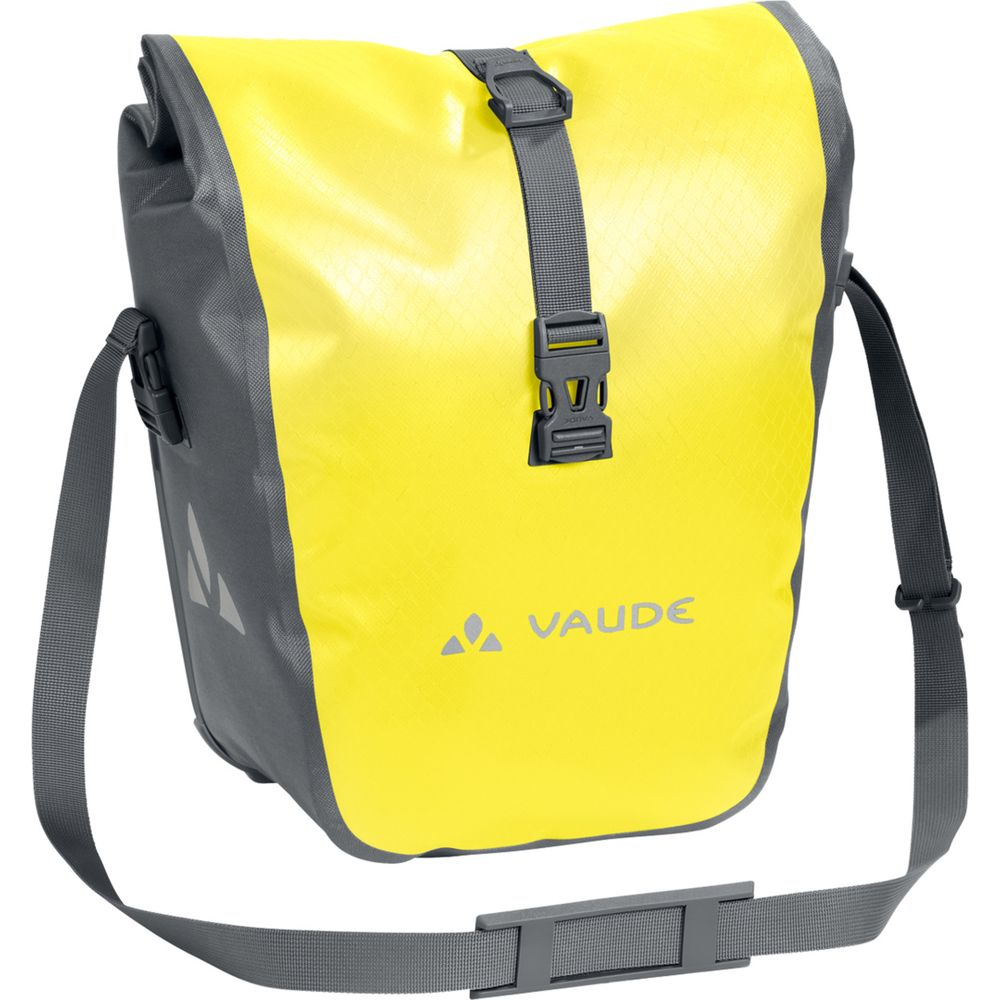 Sacoche vélo jaune et grise avec sangle et boucles.