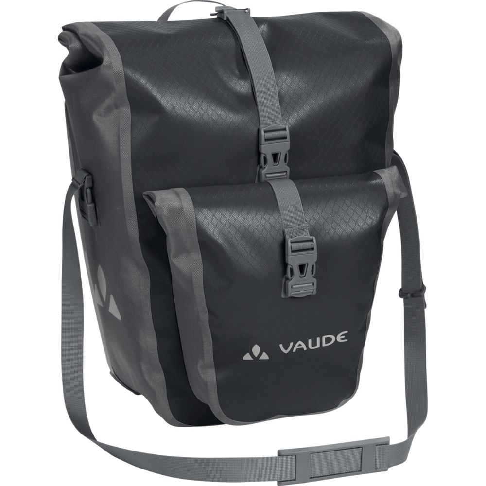 Sacoche de vélo Vaude grise avec boucles et sangles.