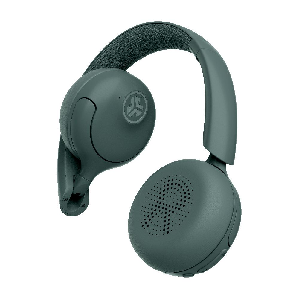 Casque sans fil vert foncé avec bandeau rembourré et écouteurs ronds.