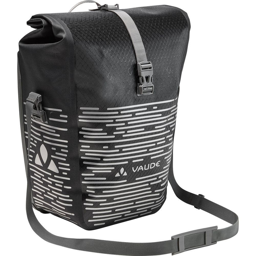 Sacoche de vélo noire avec bandes réfléchissantes et logo Vaude.