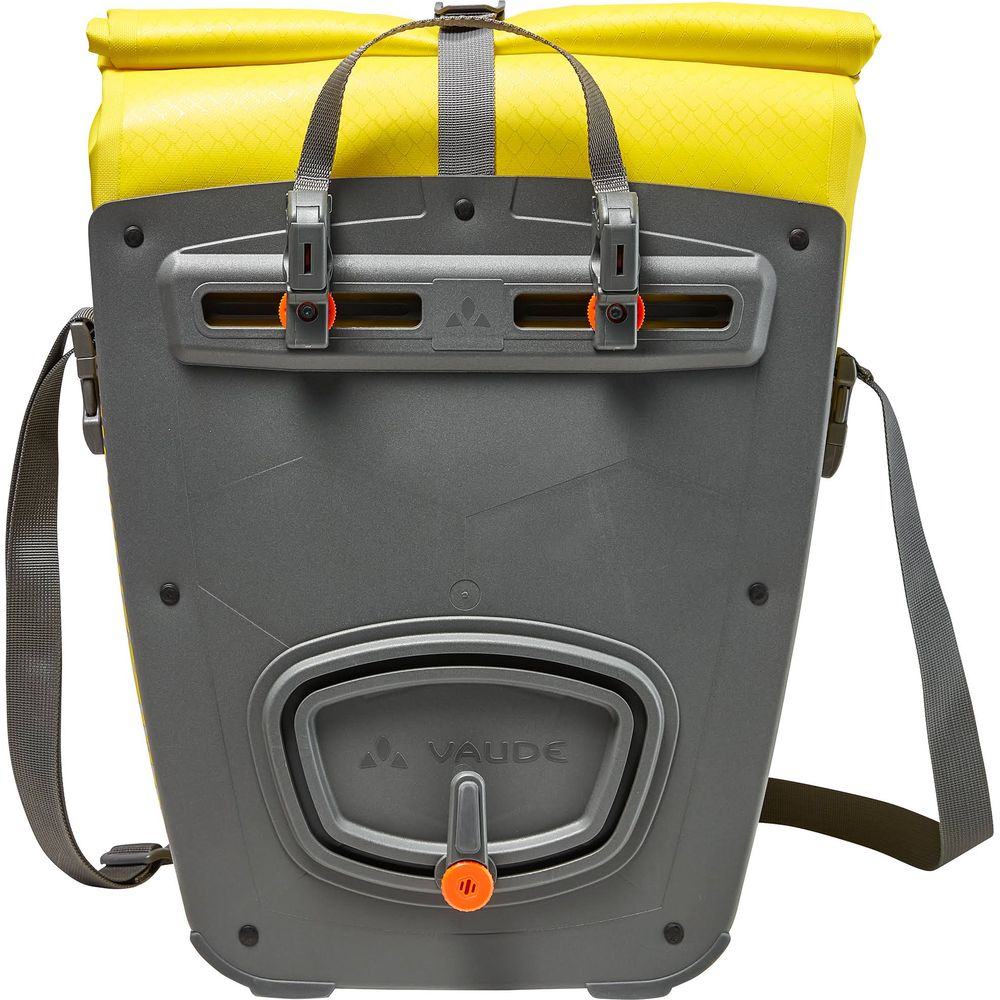Sacoche de vélo jaune avec support et sangle gris. Logo Vaude.