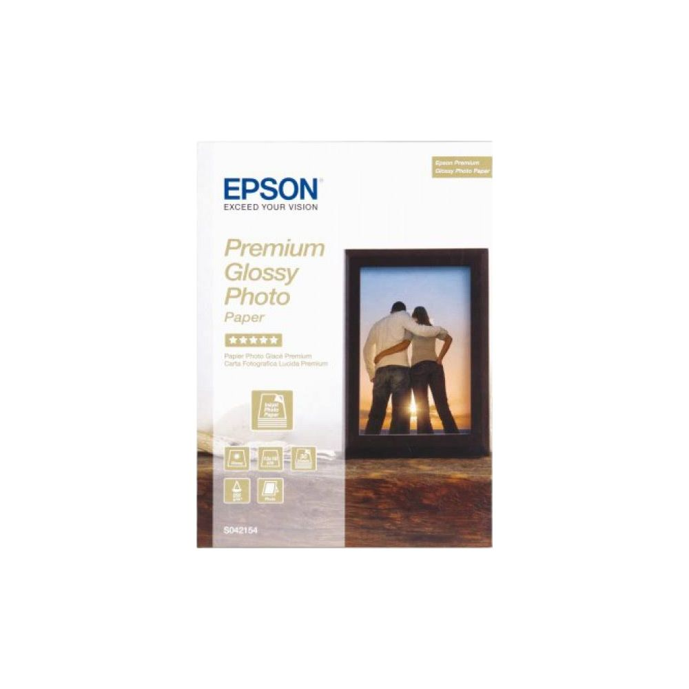 Epson Premium Glossy Fotopapier-Paket mit Paarfoto im Rahmen.