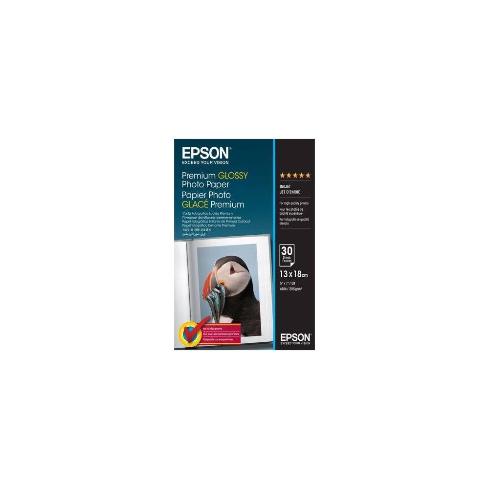 Epson Premium Glossy Fotopapier Packung mit Puffins-Foto, 30 Blatt.