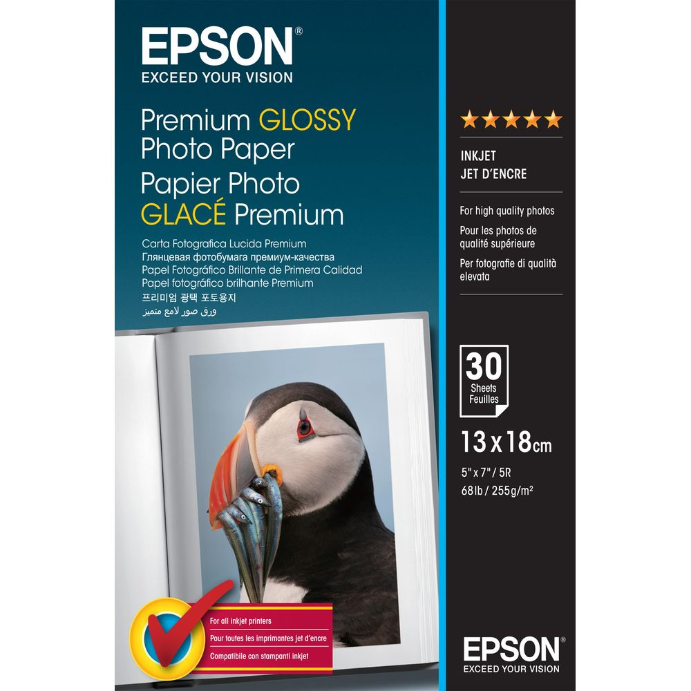 Epson Premium Glossy Fotopapier 13x18cm mit Papageitaucher-Motiv.