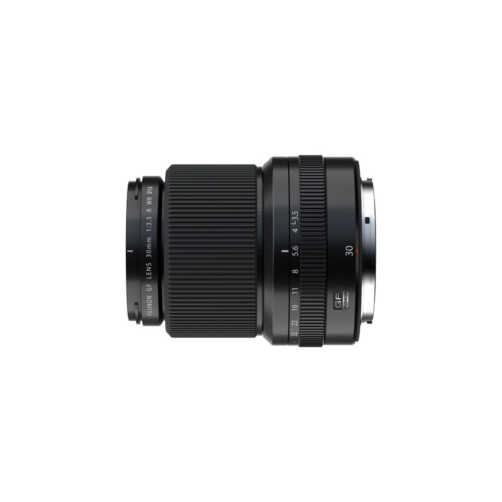 Czarny obiektyw Fujinon GF 30mm f/3.5 z pierścieniem ostrości i przysłony.