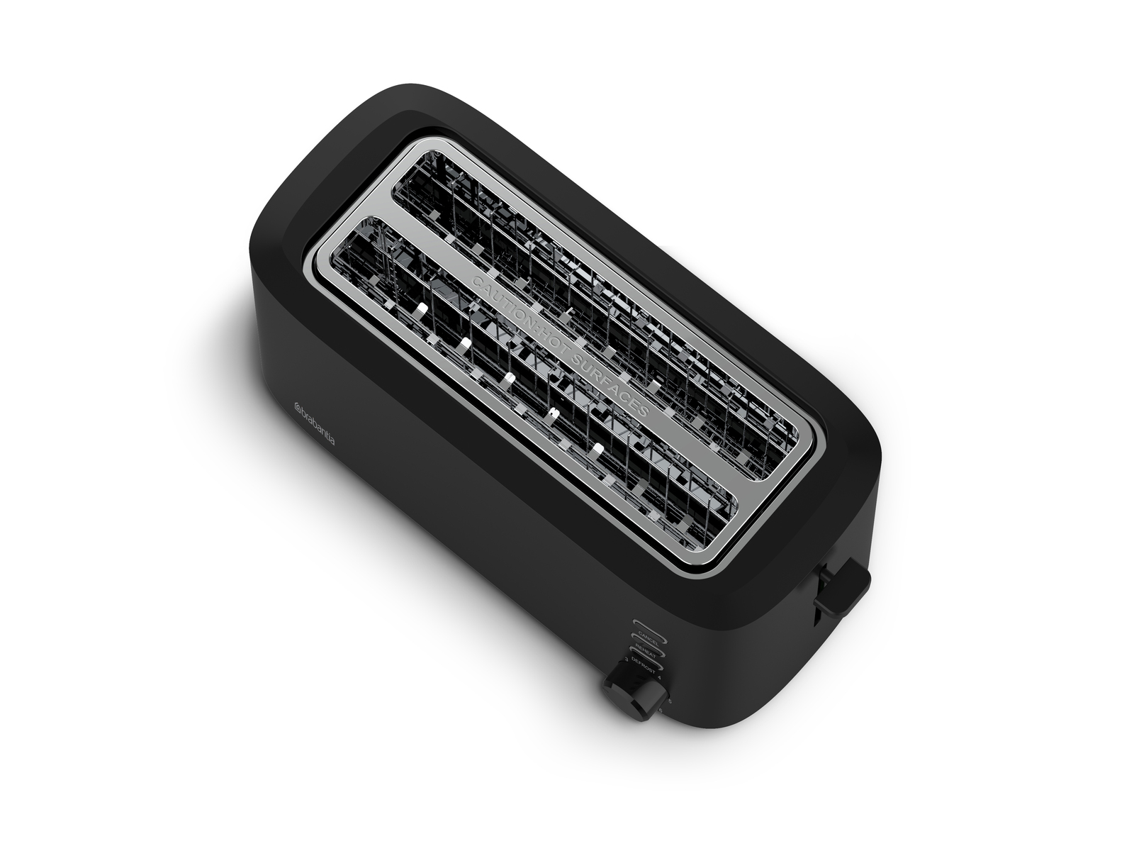 A black two-slot toaster with chrome details. Label reads: Caution: Hot Surfaces.