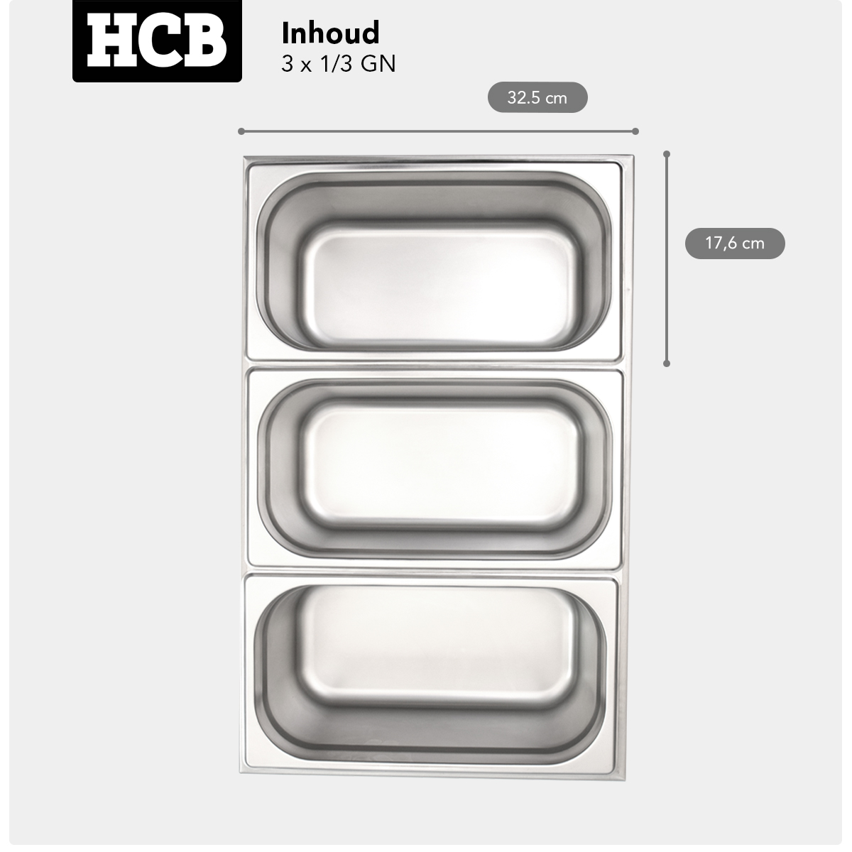 Three side-by-side metal trays, measuring 32.5 x 17.6 cm.