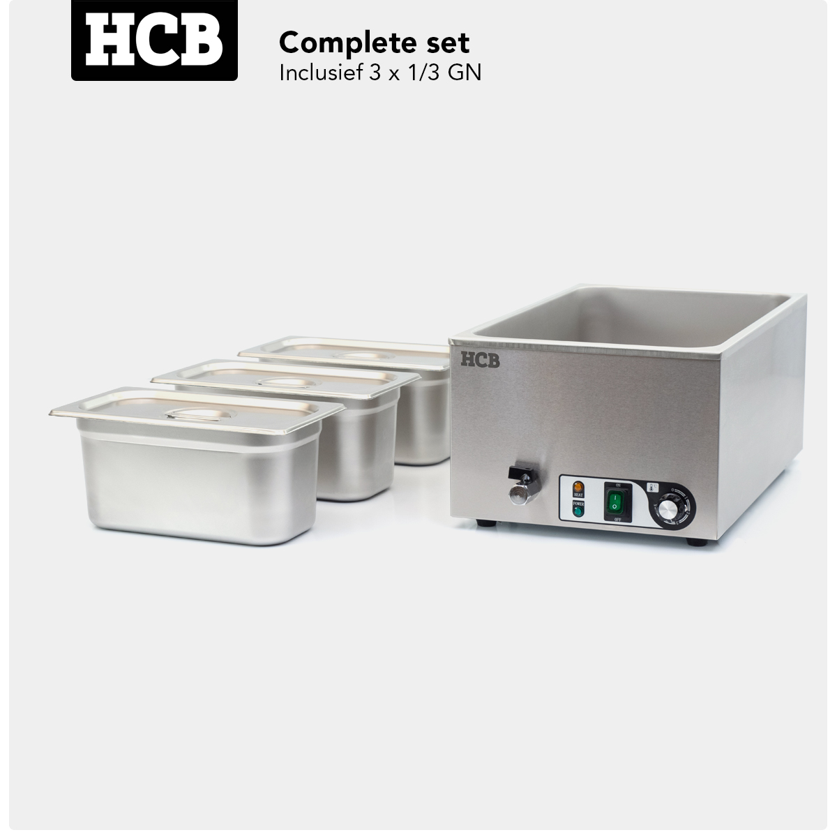 Stainless steel bain-marie with three containers and controls.