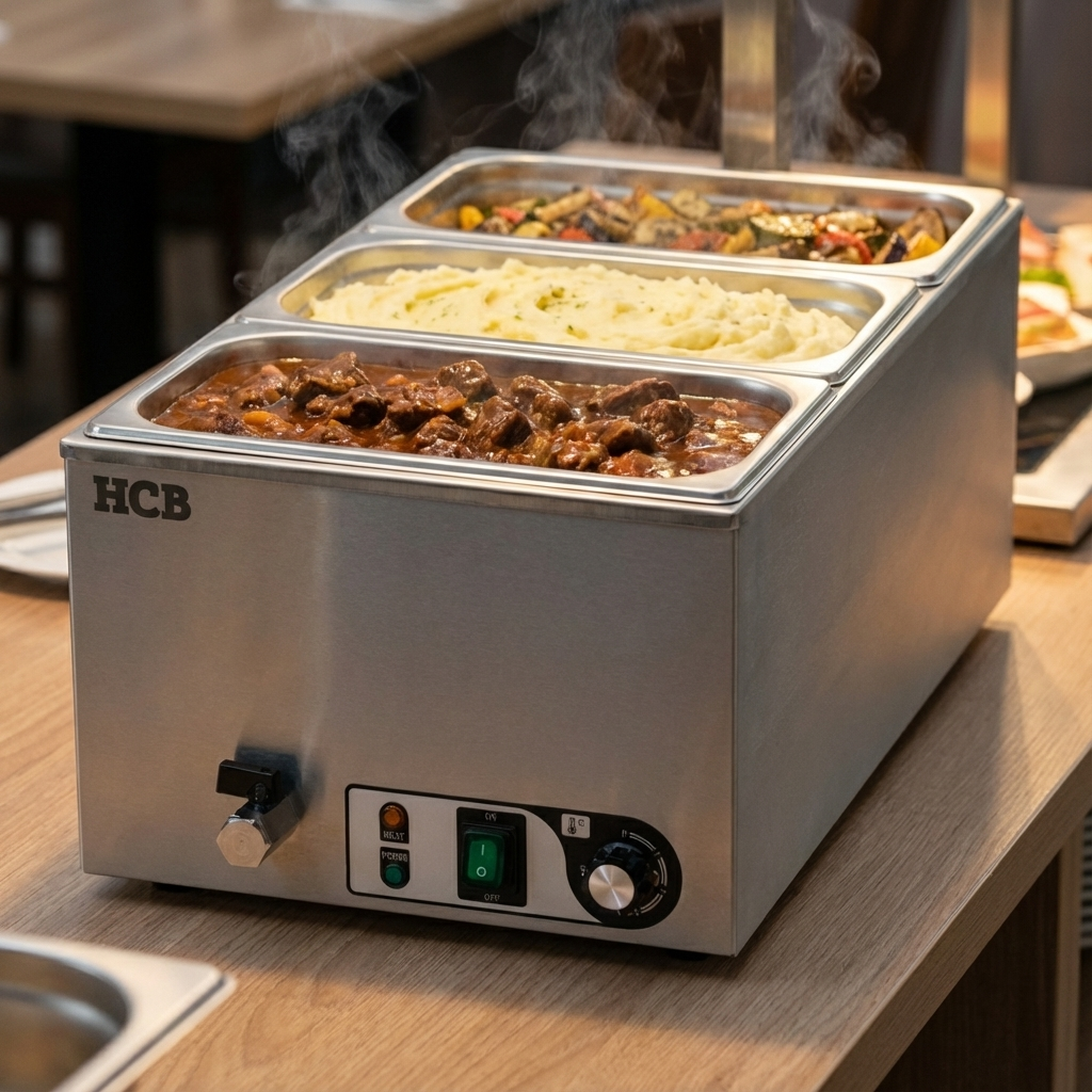 A steam table with beef stew, mashed potatoes, and vegetables. Steaming.