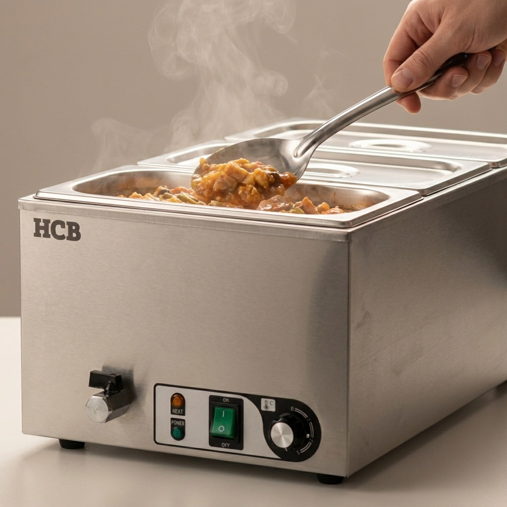A spoon scoops steaming food from a silver bain-marie with an HCB logo.