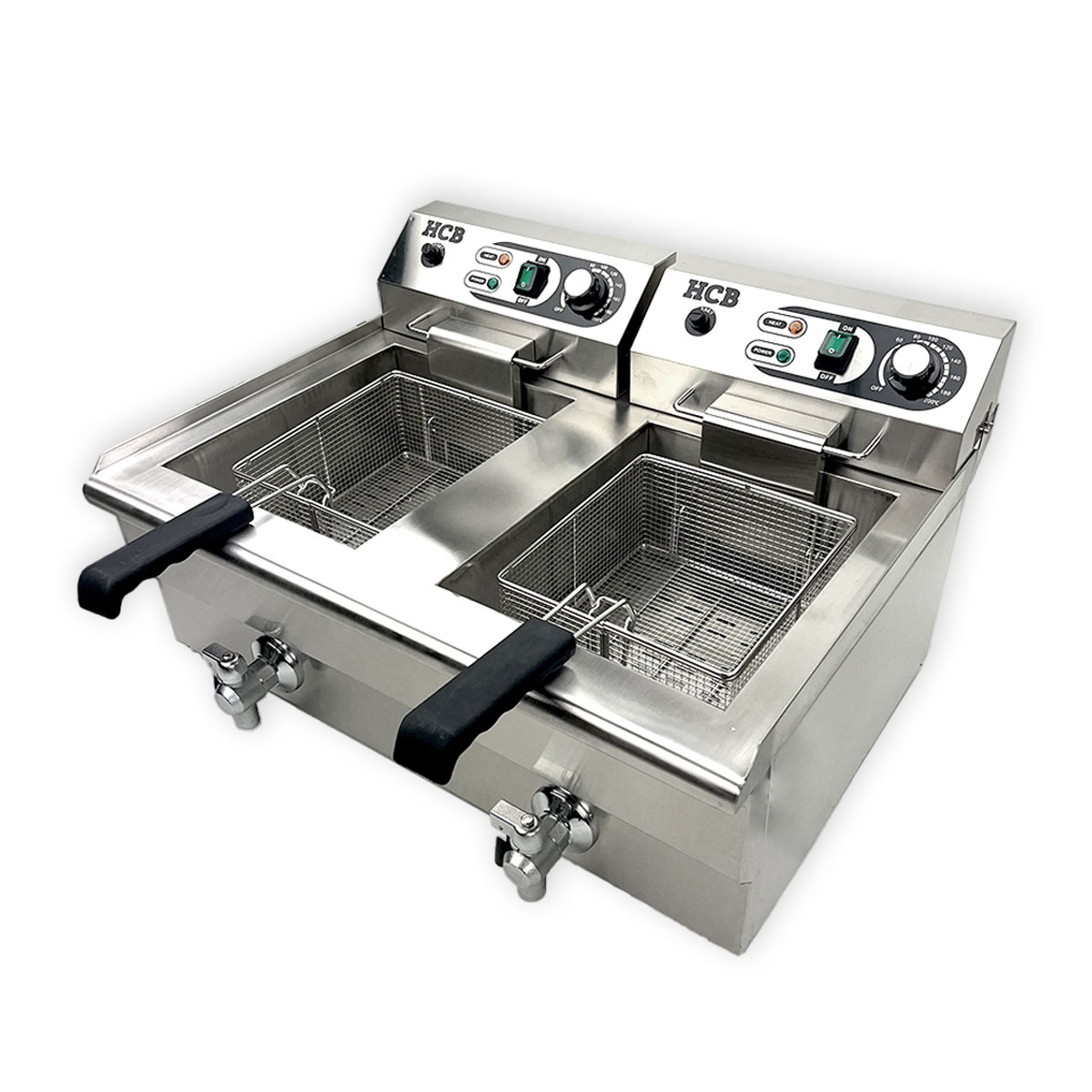 Stainless steel double deep fryer with two baskets and control lights.