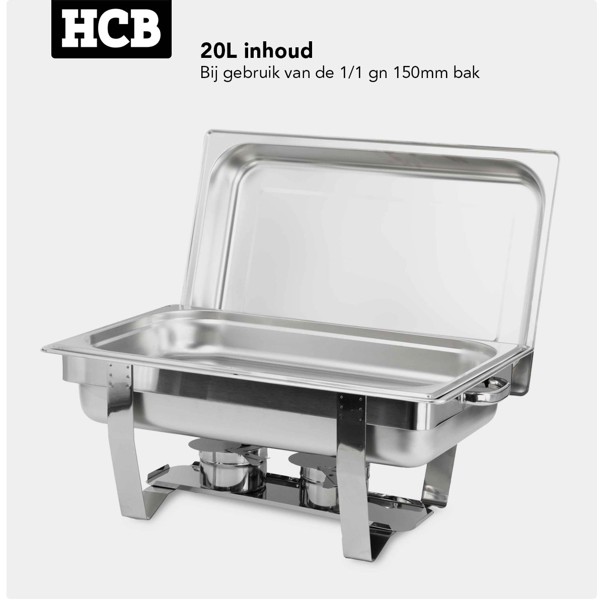 Stainless steel chafing dish with two fuel holders and an open lid.