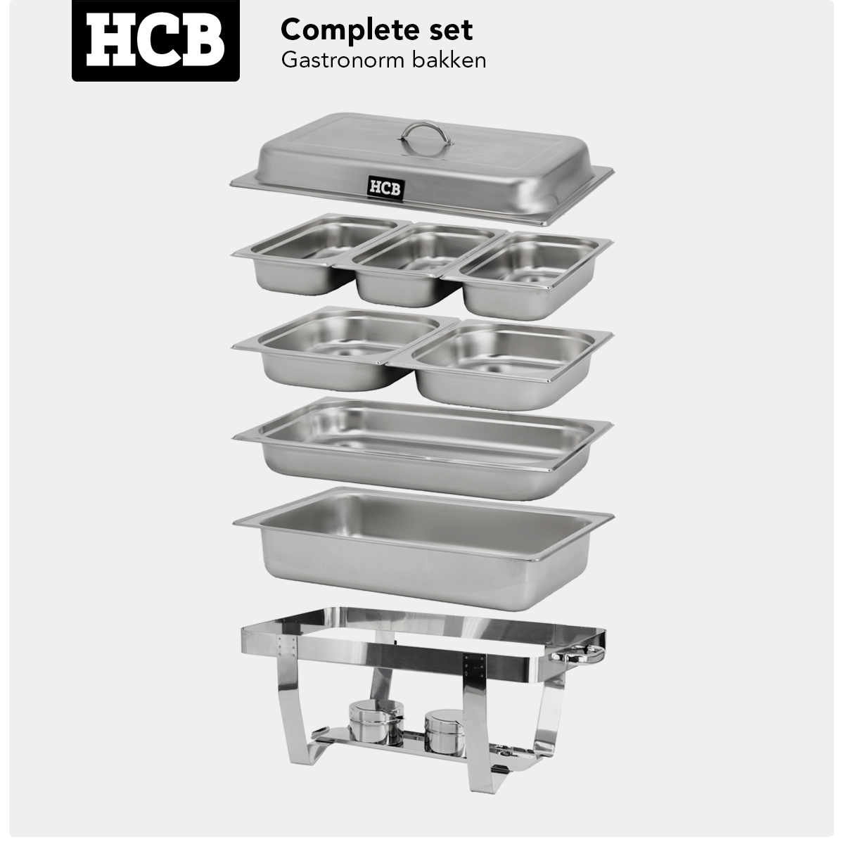 Stainless steel chafing dish set with lid, inserts, and fuel containers.