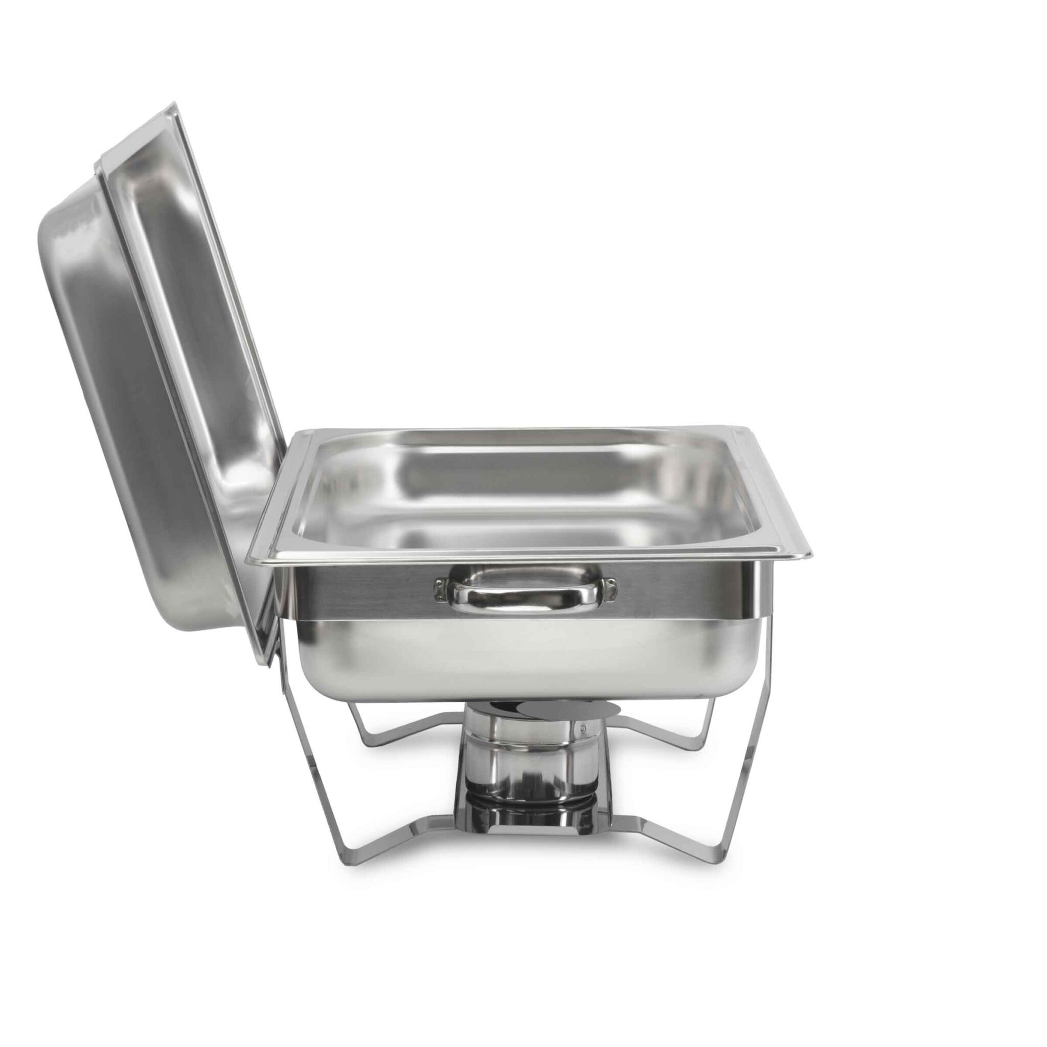 A shiny stainless steel chafing dish with its lid open stands on a stand.