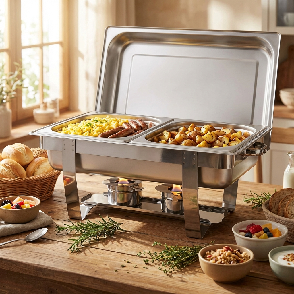 Chafing dish with scrambled eggs, sausages, and potatoes, plus bread and fruit.