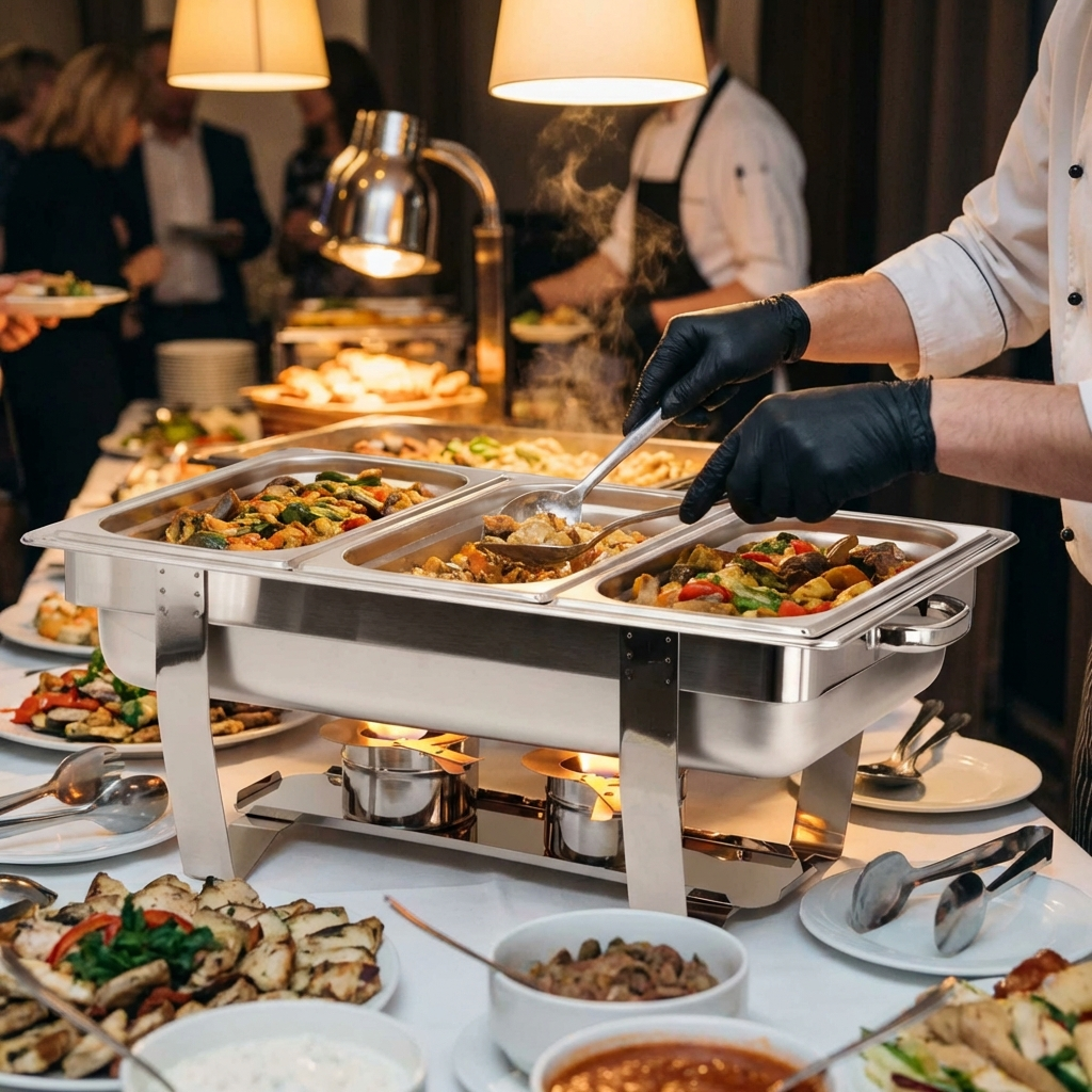 A chef in black gloves serves a buffet with three food chafing dishes.