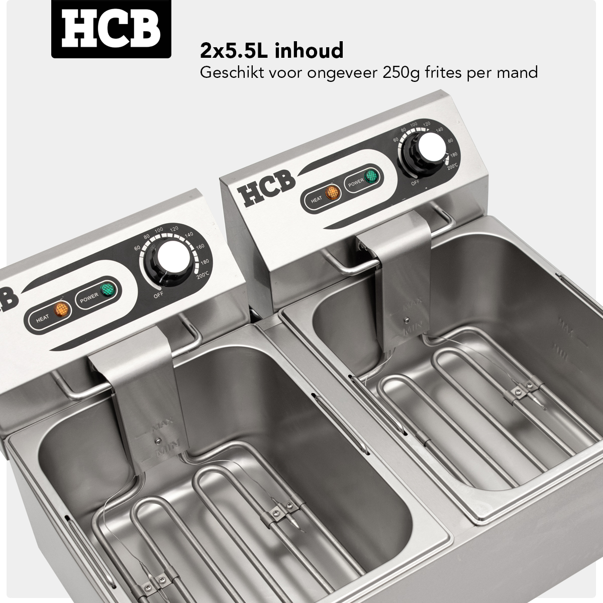Stainless steel double deep fryer with controls and baskets.