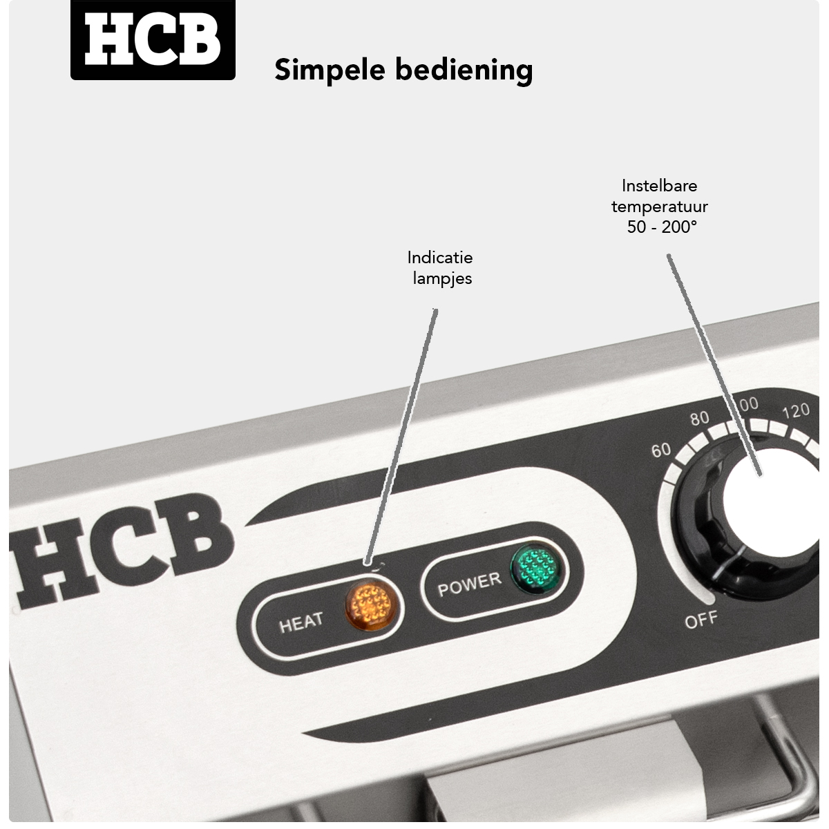 HCB device with "Heat" and "Power" indicator lights and temperature dial.