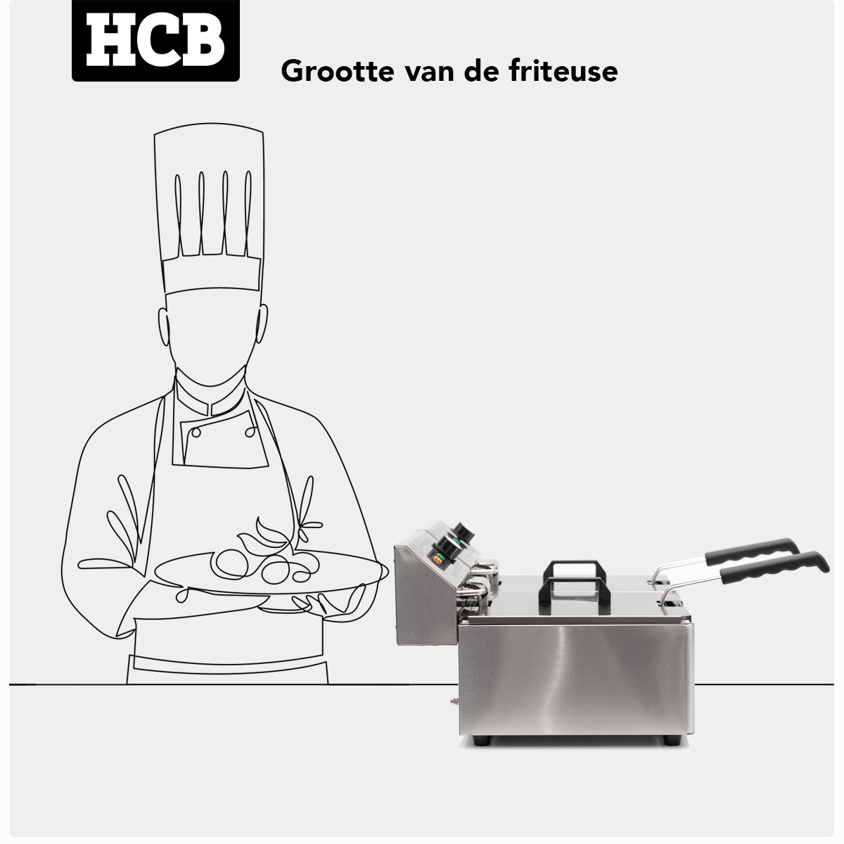 Illustration of a chef holding food on a plate next to a deep fryer.