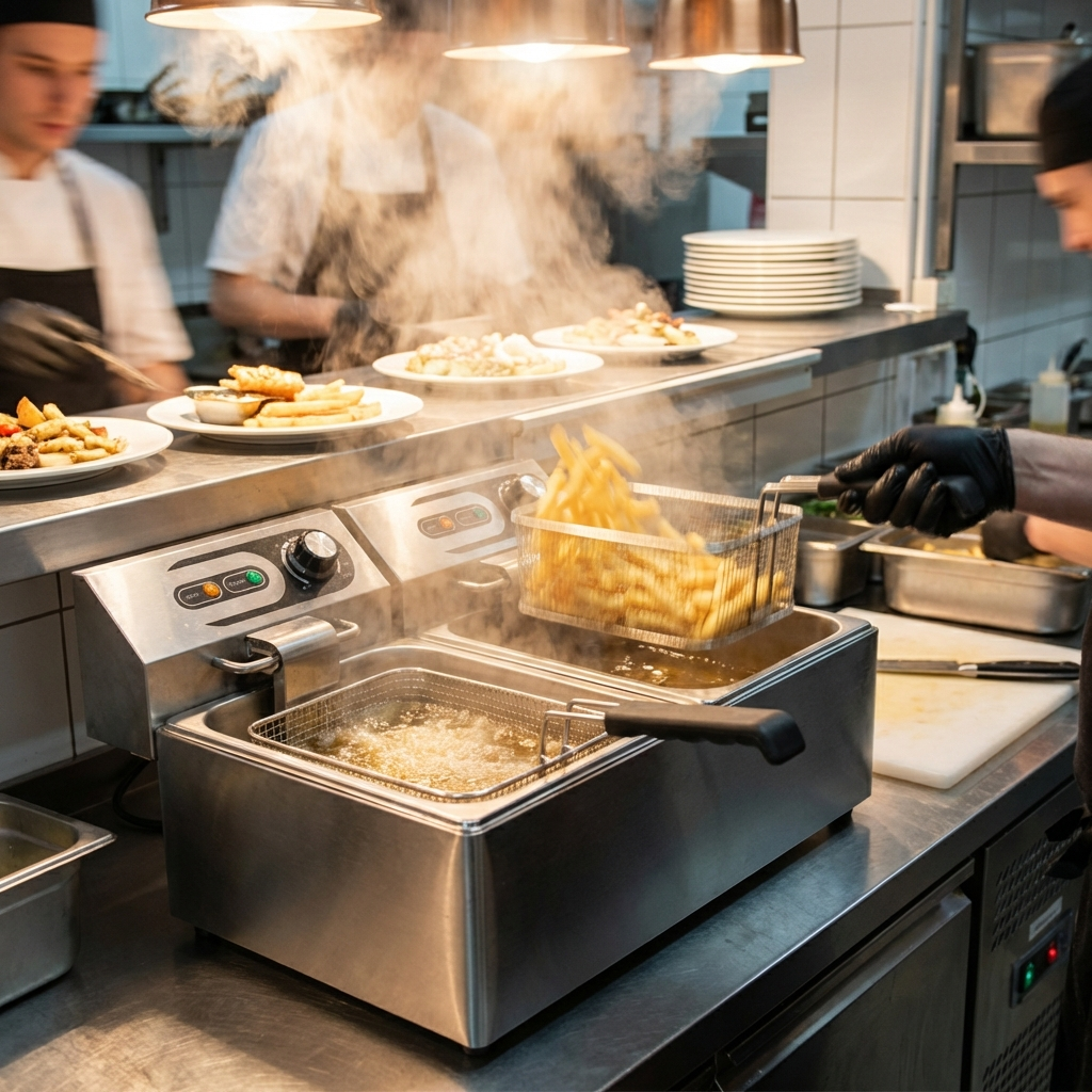 Chefs fry french fries in a commercial fryer as steam rises.