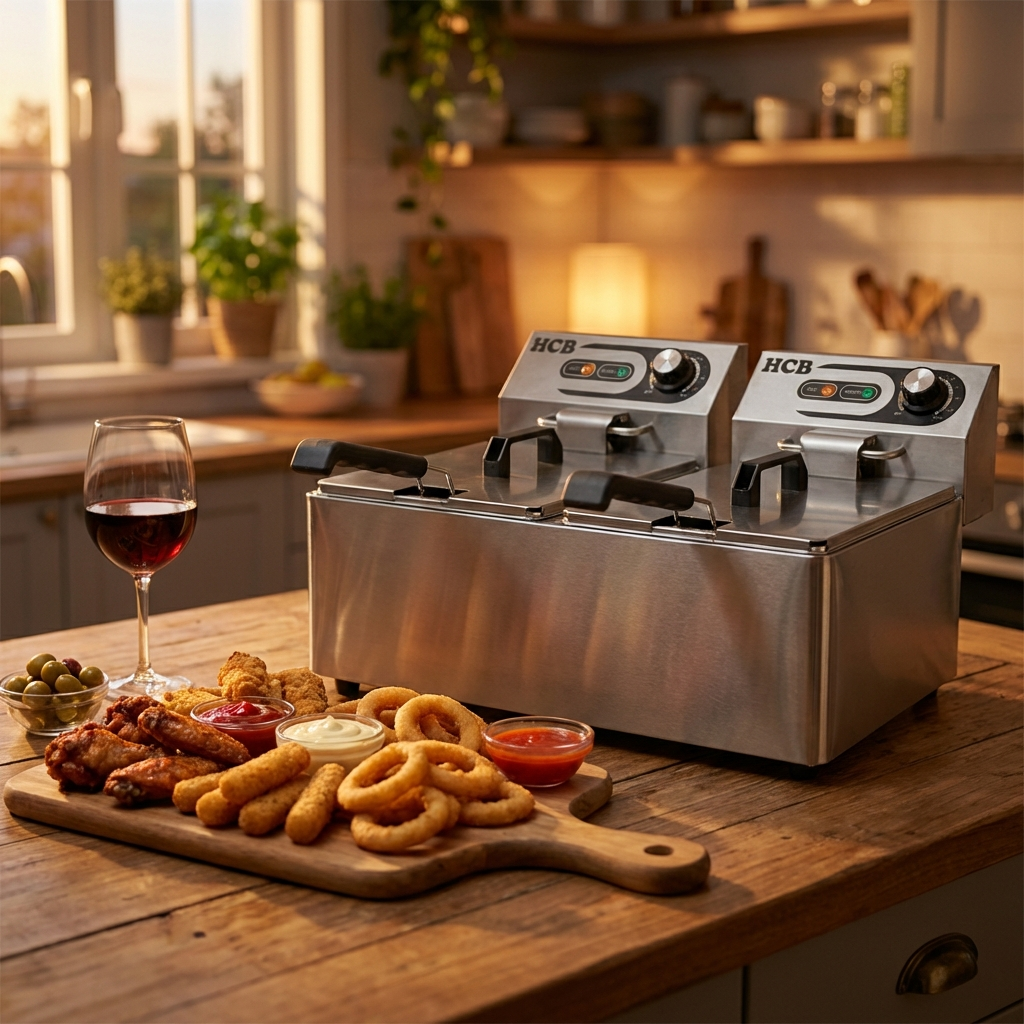 Double deep fryer with fried food and red wine on a wooden table.