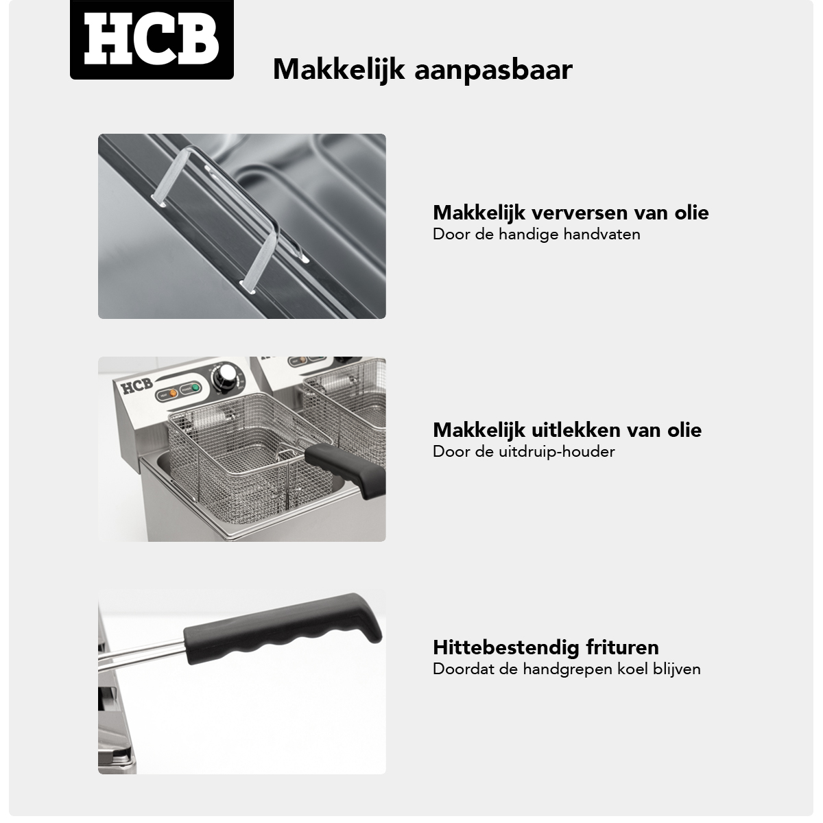 HCB deep fryer shown with three images: oil change, draining, heat protection.