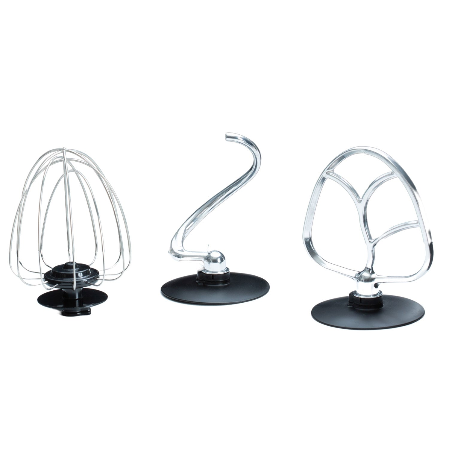 Three kitchen mixer attachments: whisk, dough hook, and flat beater on black bases.