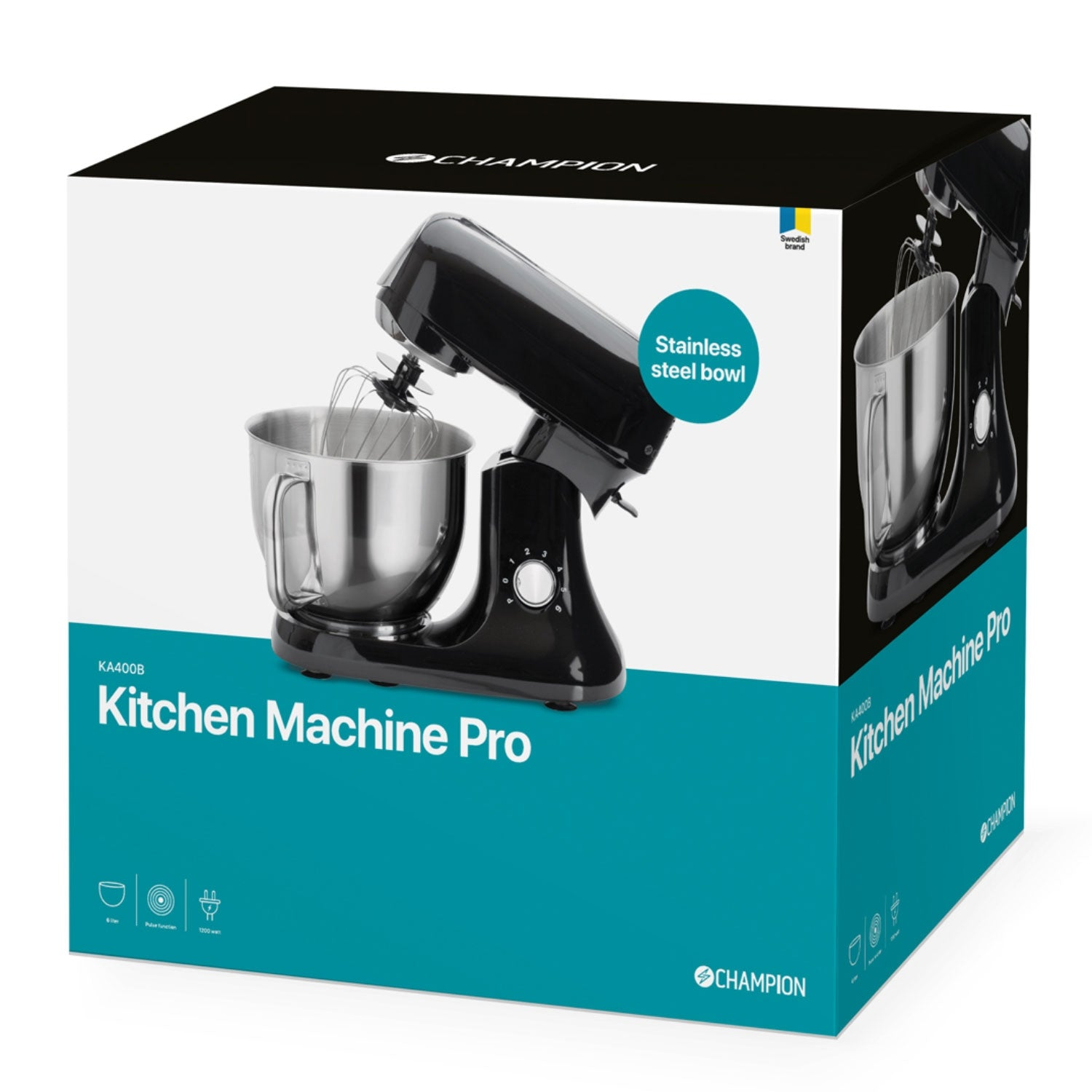 Black kitchen machine with stainless steel bowl on product packaging.