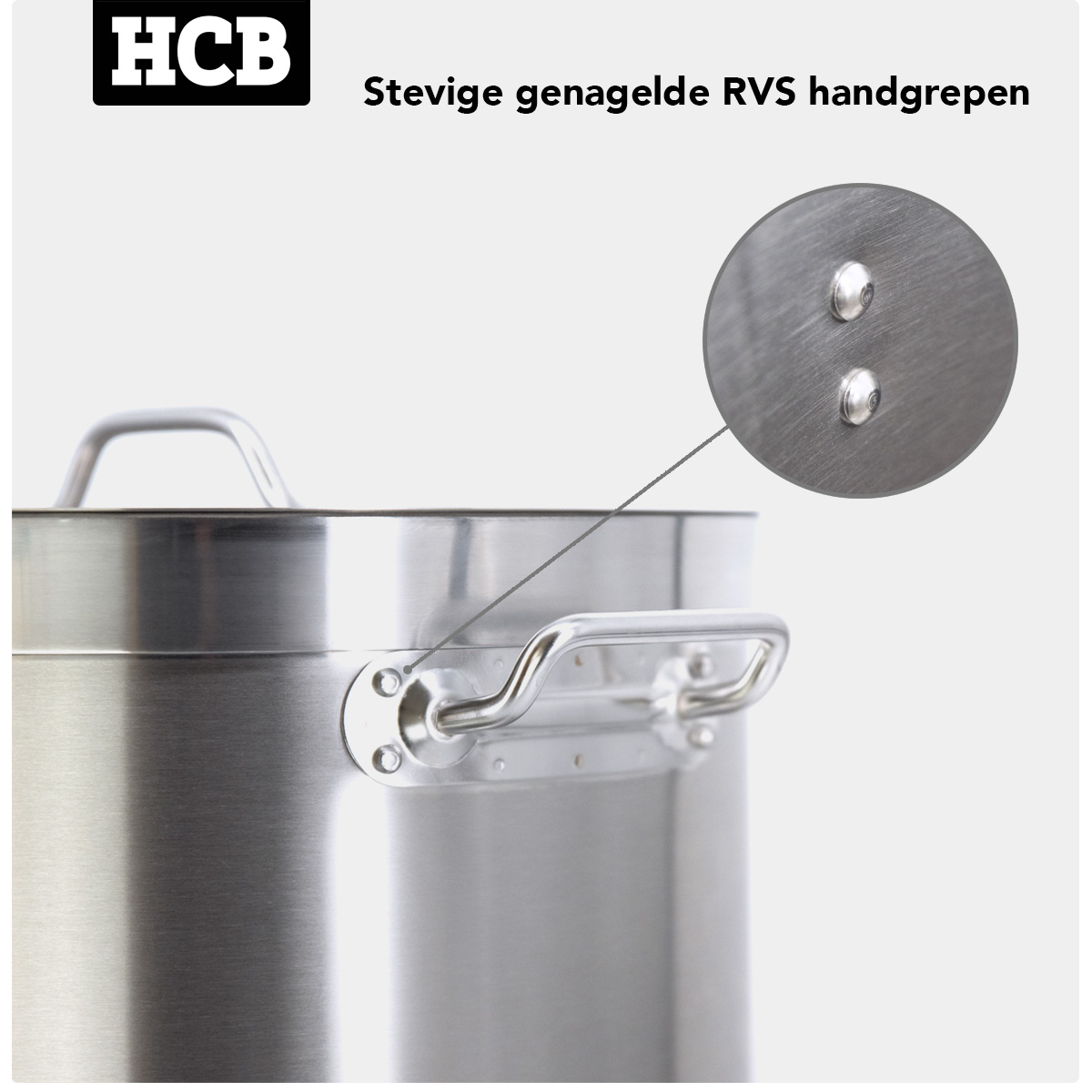RVS pan met HCB-logo en stevige klinknagel handgrepen. Close-up van de klinknagels.