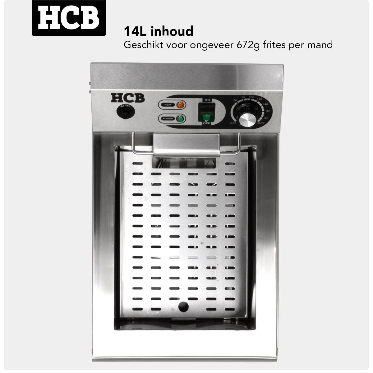 Stainless steel deep fryer with 14L capacity, temperature dial, and basket.