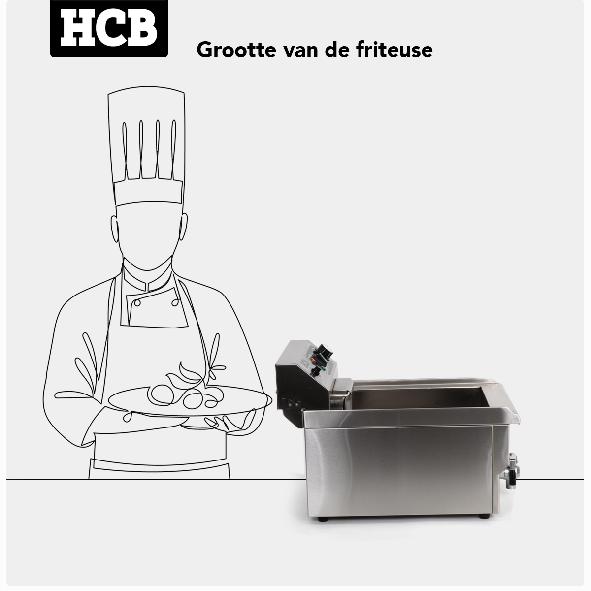 A chef with a plate of food stands next to a deep fryer.