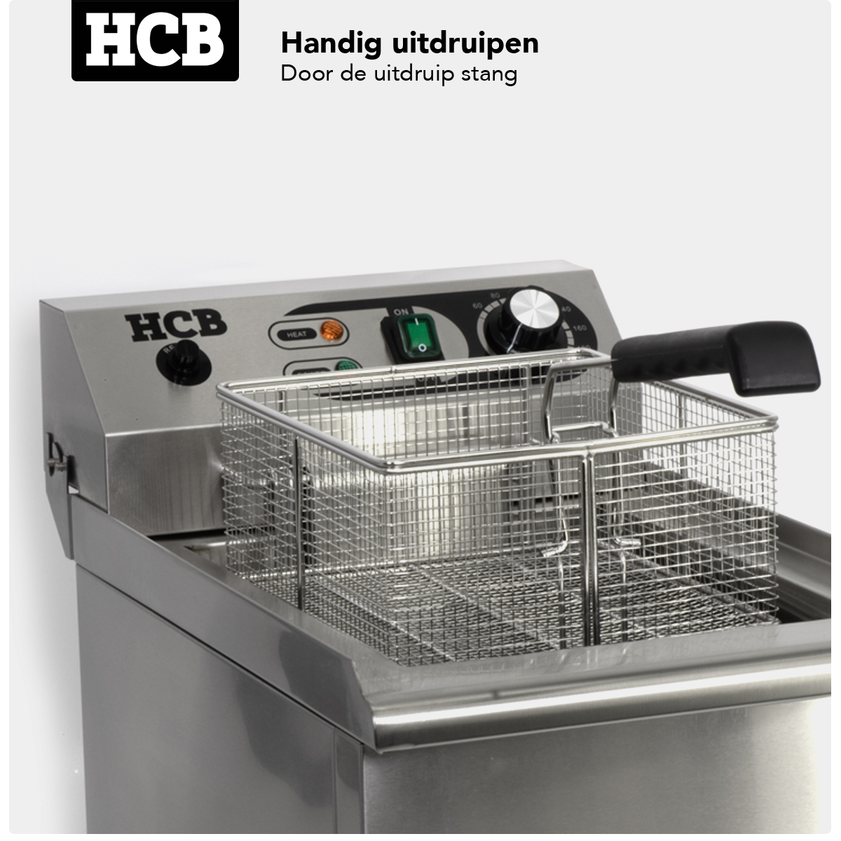 A stainless steel deep fryer with a silver basket and black handles.