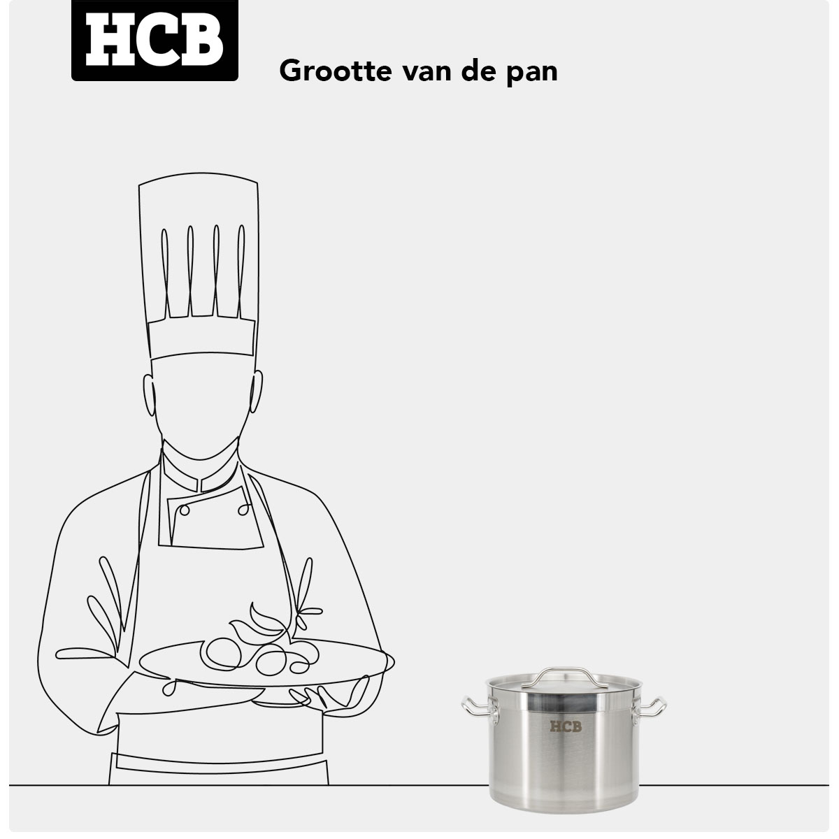 Een chef-kok met toque houdt een schaal vast, naast een pan.