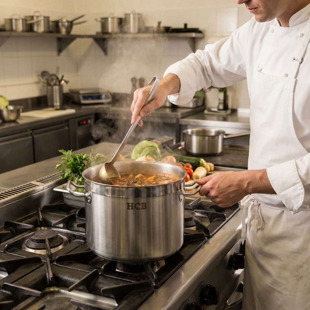 Een chef roert in een pan op het fornuis. Groenten liggen ernaast.