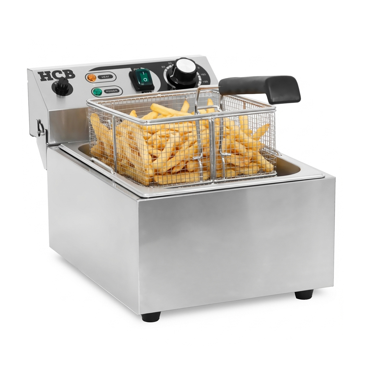 Roestvrijstalen friteuse met twee mandjes, gevuld met friet.