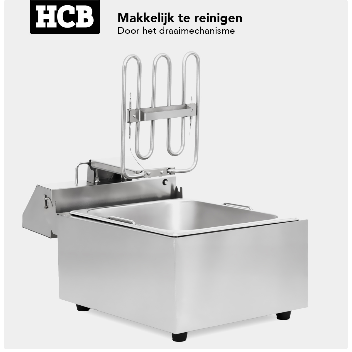 Roestvrijstalen friteuse met verwarmingselementen en afneembare mand.