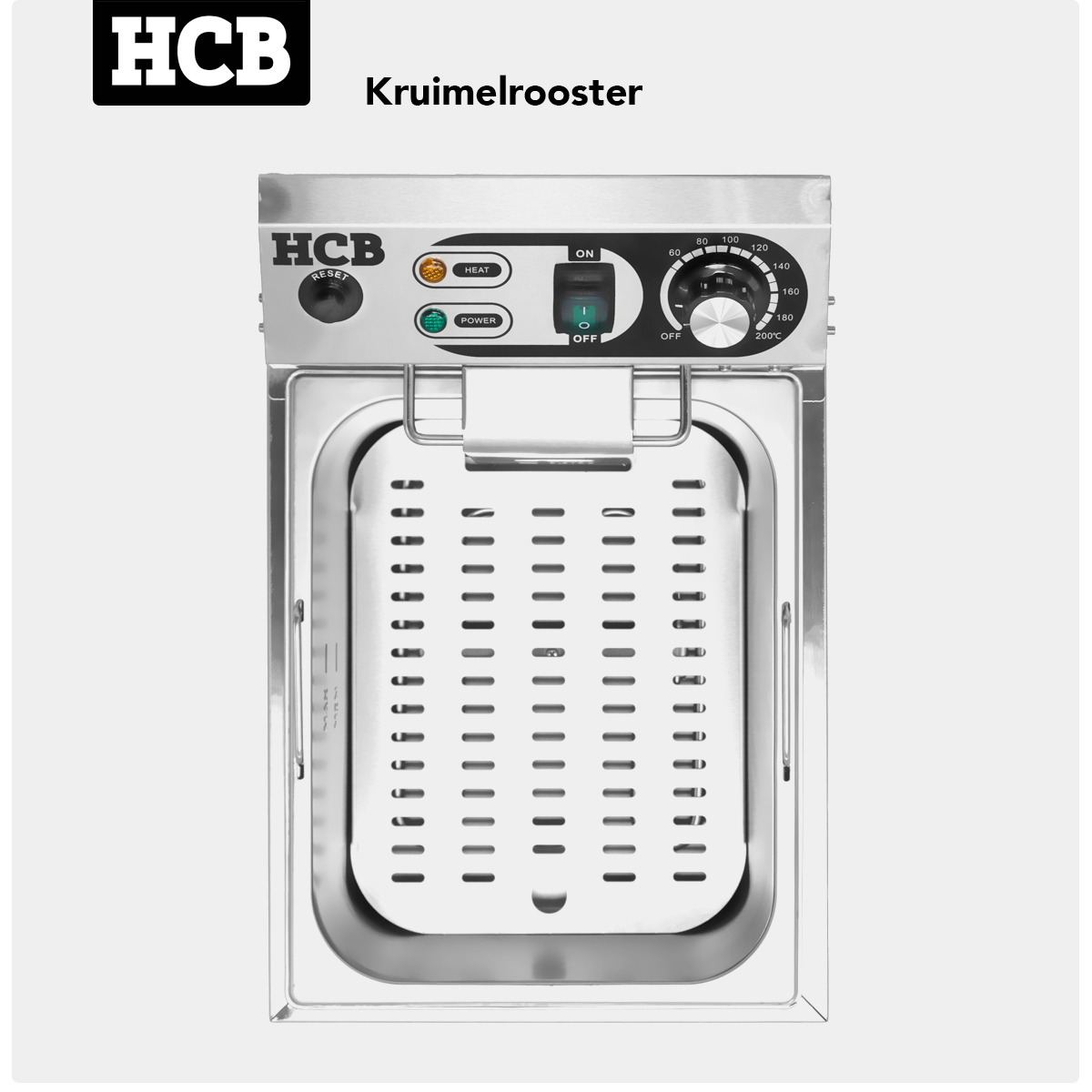 RVS frituurpan met bedieningspaneel, mandje en temperatuurregelaar.