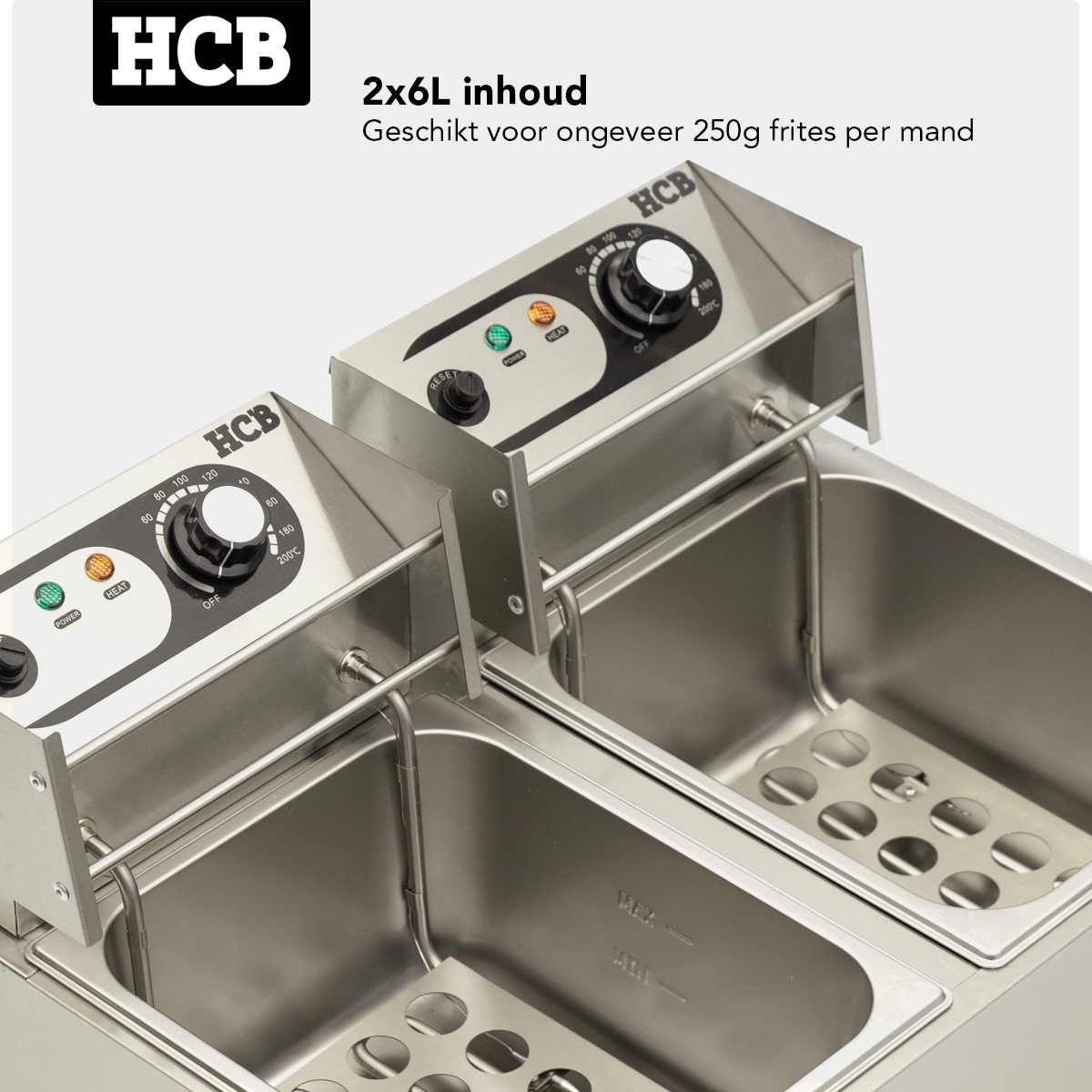 Stainless steel double deep fryer with two baskets and temperature controls.