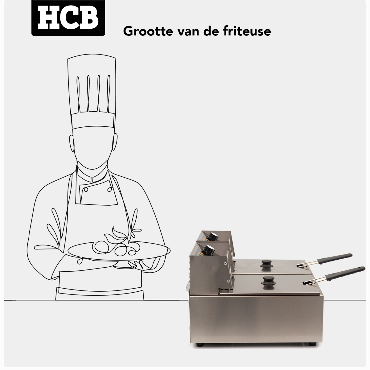 A chef in a hat holds a plate of food. Two stainless steel deep fryers are beside it.