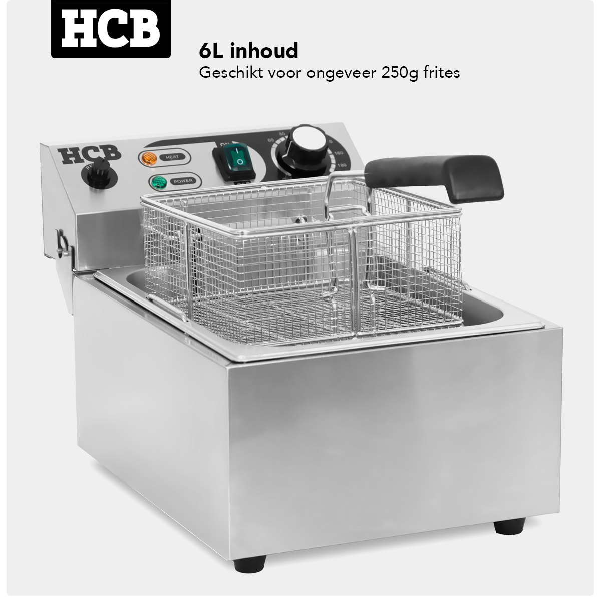 RVS frituurpan met mandje en bedieningspaneel. 6L inhoud, 250g friet.