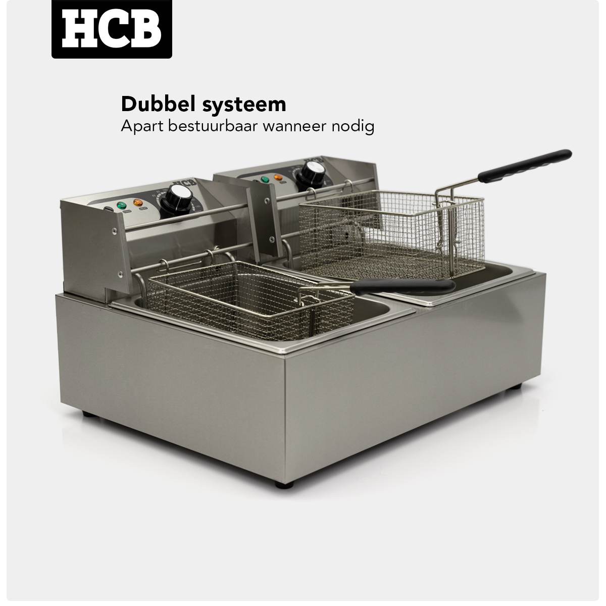 Stainless steel double deep fryer with two baskets and control knobs.