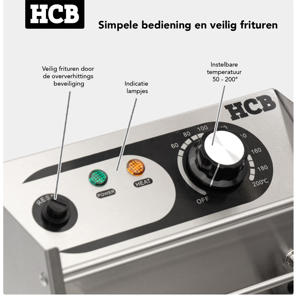 HCB fryer with temperature dial, power and heat indicator lights.